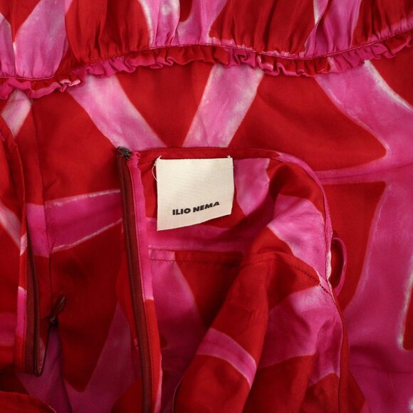 Ilio Nema Silk Tie & Dye Printed Maxi Long Dress Sleeveless Ruffle XS NWD - Picture 5 of 7